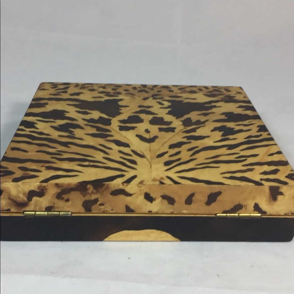 New Handmade Minaudière Wood Hand Painted Tiger Safari Brown Square Gold Chain - Picture 3 of 12
